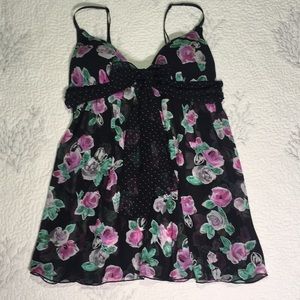 In Bloom Black and Pink Floral Chemise with Lace Trim